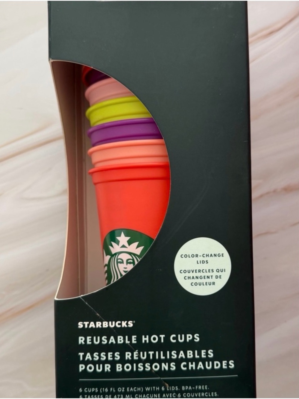 Starbucks Reusable Hot Cups with Bright Red, Orange, Pink, Purple & Lime Lids